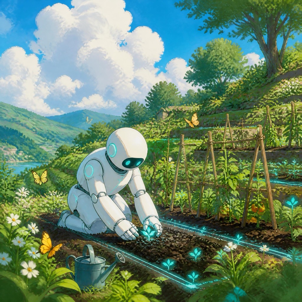 A robot planting a glowing seedling in a tidy terraced garden in bright daylight