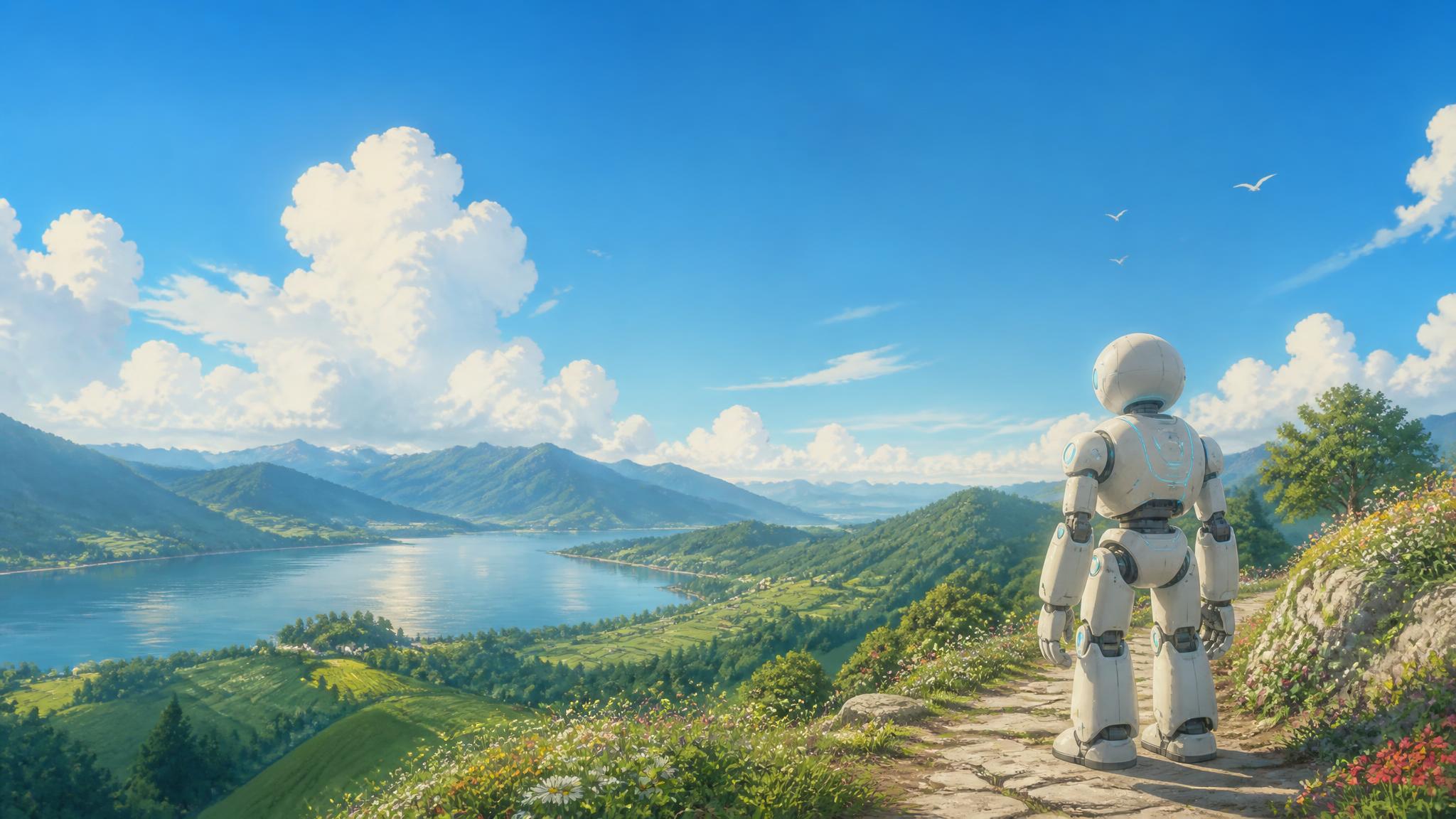 A friendly white robot with cyan accents on a hilltop stone path, gazing over a lake valley under a bright summer sky