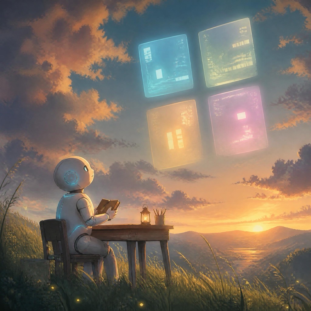 A small robot at a field desk at dusk, studying four glowing panels floating in the sky