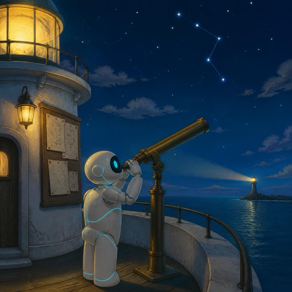A robot at a brass telescope on a lighthouse balcony at night, pointed at a bright constellation