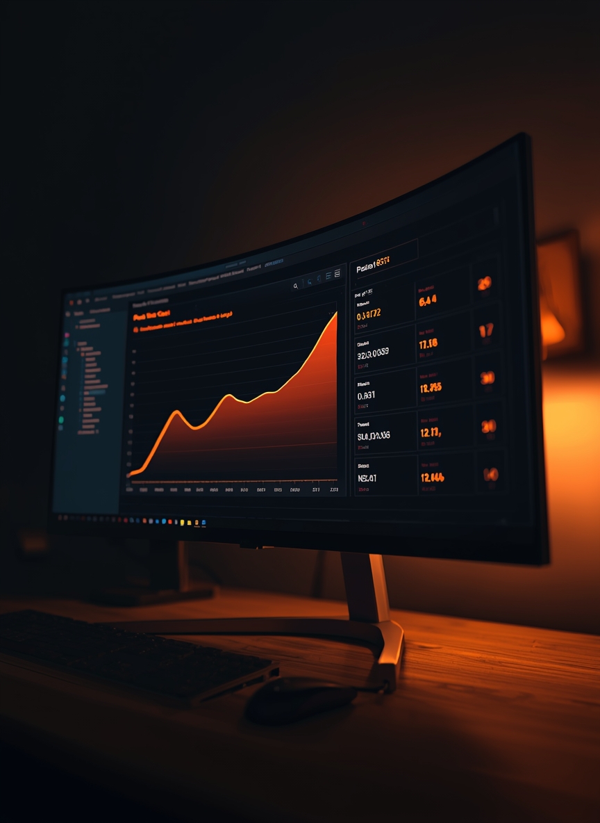 Curved monitor at night showing a cloud cost dashboard with rising orange chart