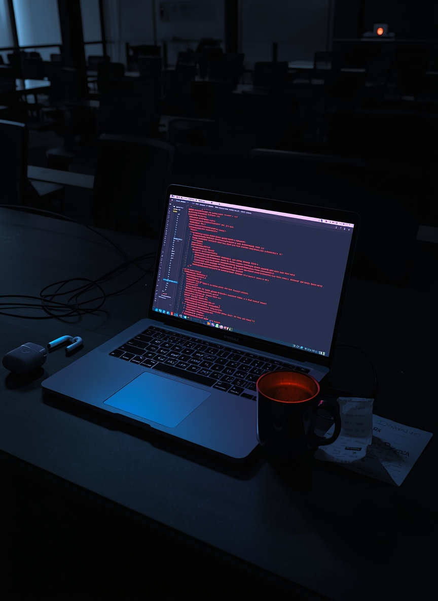 Single laptop glowing with red error logs on an empty office desk at 3 AM