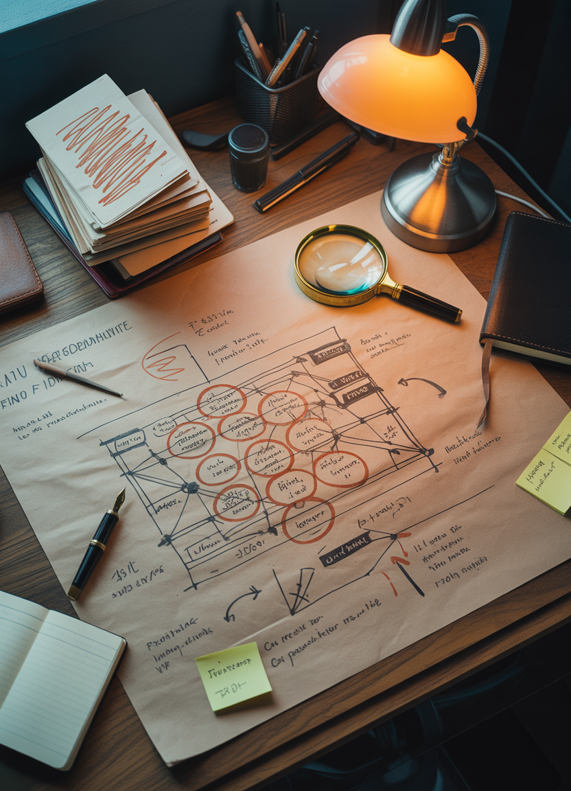 Marked-up network diagram with a magnifying glass, orange circles, sticky notes, and a desk lamp
