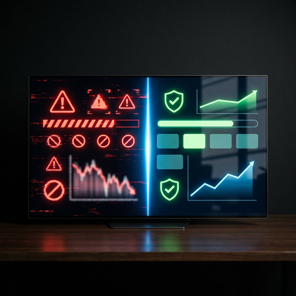 Split screen showing red warnings on the left transforming into green checkmarks and upward charts on the right