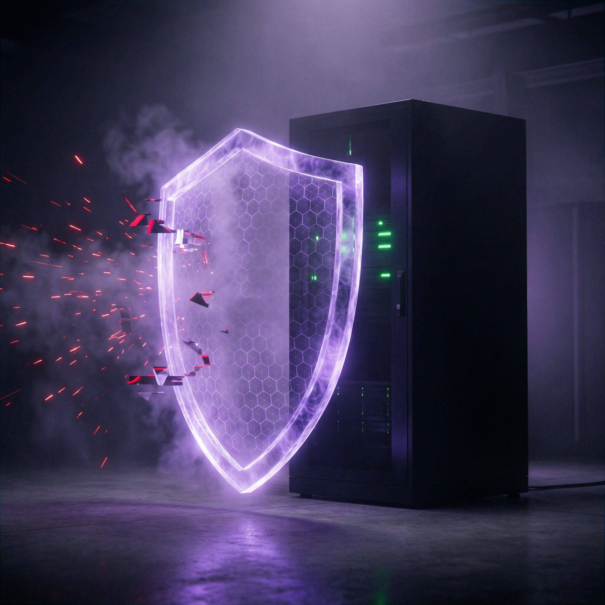 Glowing purple shield deflecting red sparks in front of a dark server rack