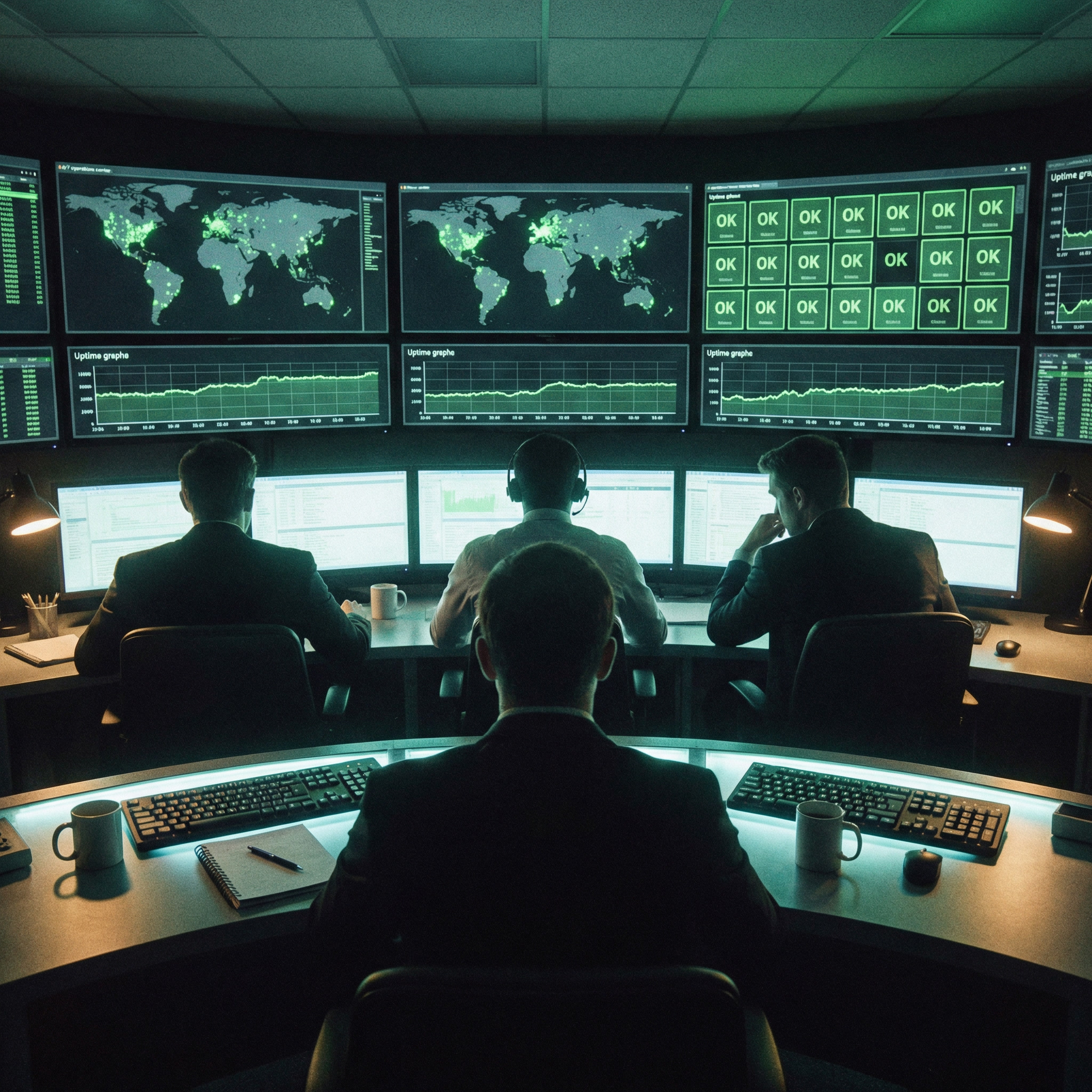 Network operations center with engineers watching a wall of green uptime graphs and world maps