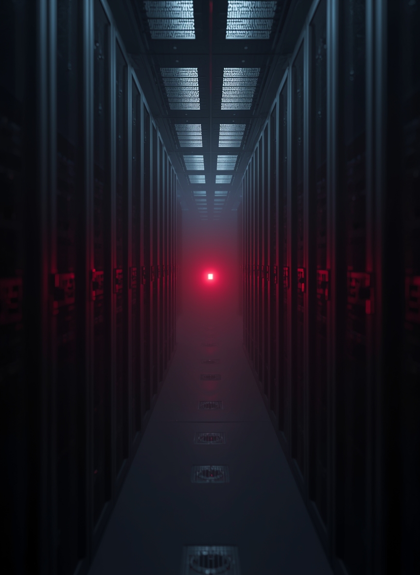 Long dark server corridor with a single red warning LED at the vanishing point