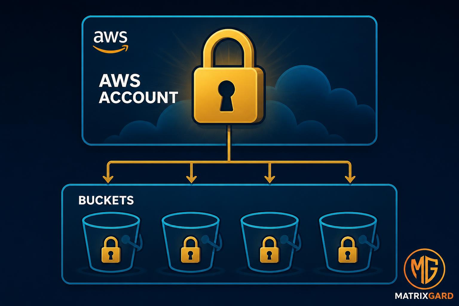 Diagram showing AWS account-level Block Public Access settings cascading down to apply to every bucket inside the account