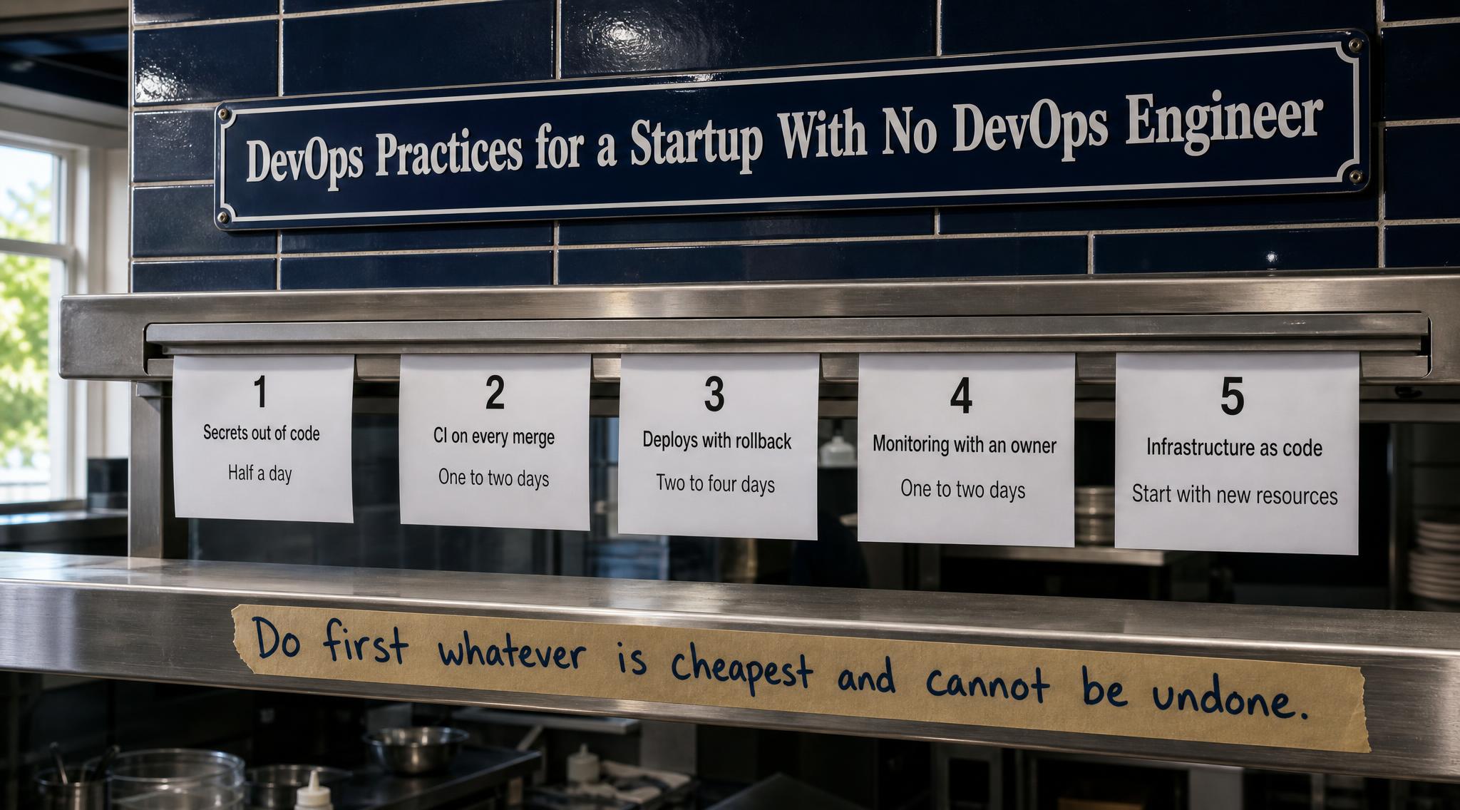 Illustration for DevOps Practices for a Startup With No DevOps Engineer: Five, in Order, covering DevSecOps, Startup Engineering, Cloud Engineering