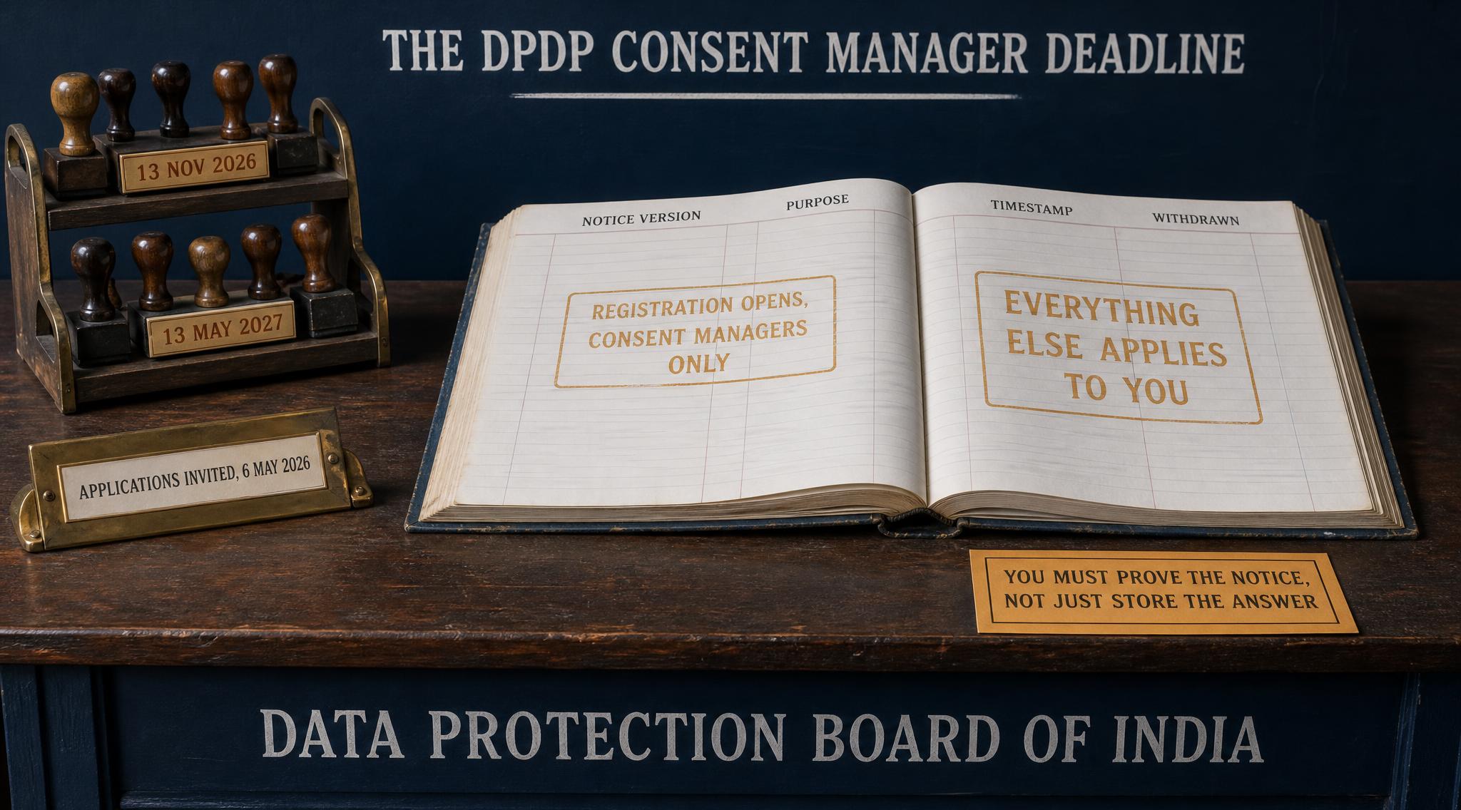 Illustration for The DPDP Consent Manager Deadline: What 13 November 2026 Turns On, covering Compliance, Data Protection, DPDP Act