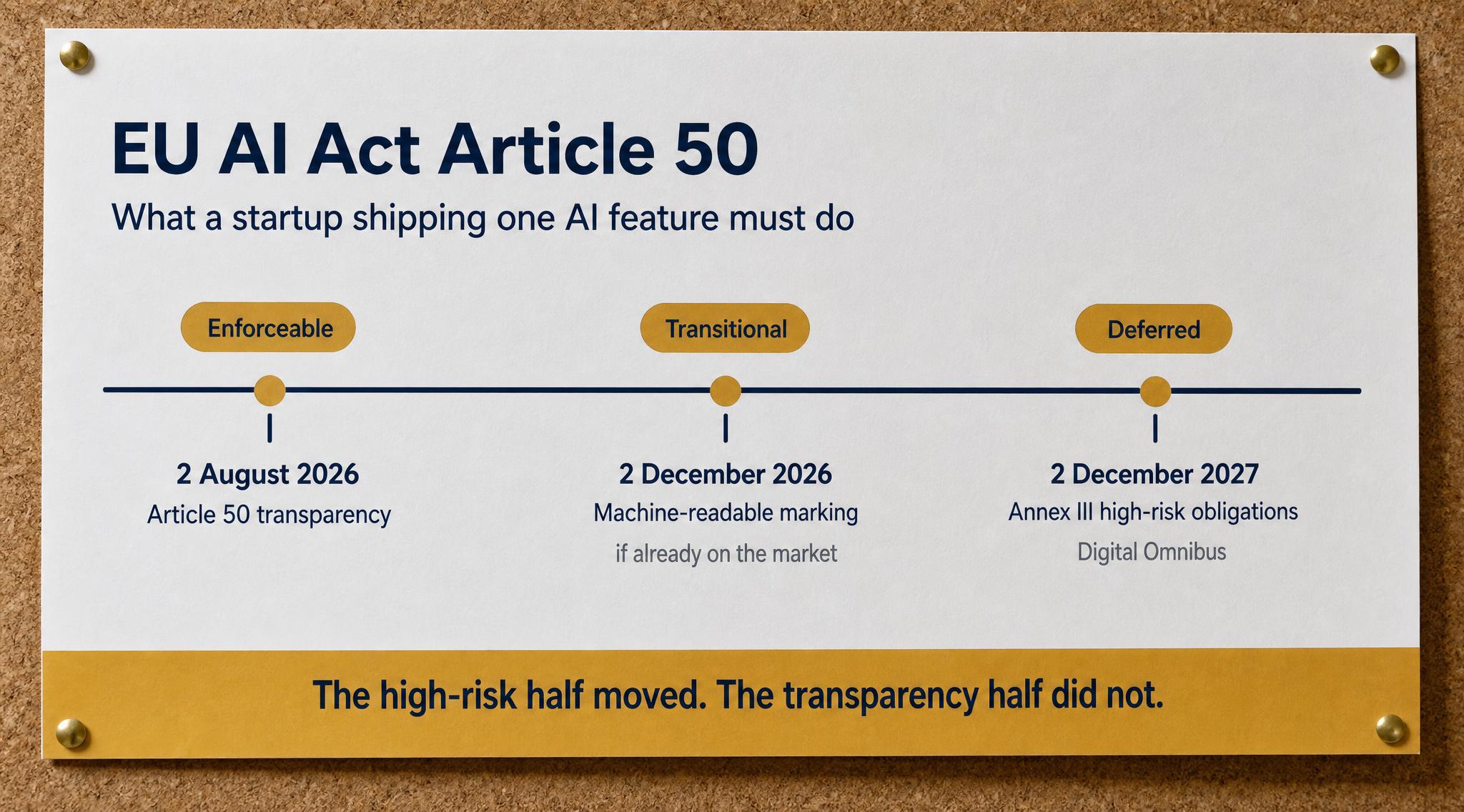 Illustration for EU AI Act Article 50: What a Startup Shipping One AI Feature Must Do, covering Compliance, AI Tools, Startup Engineering