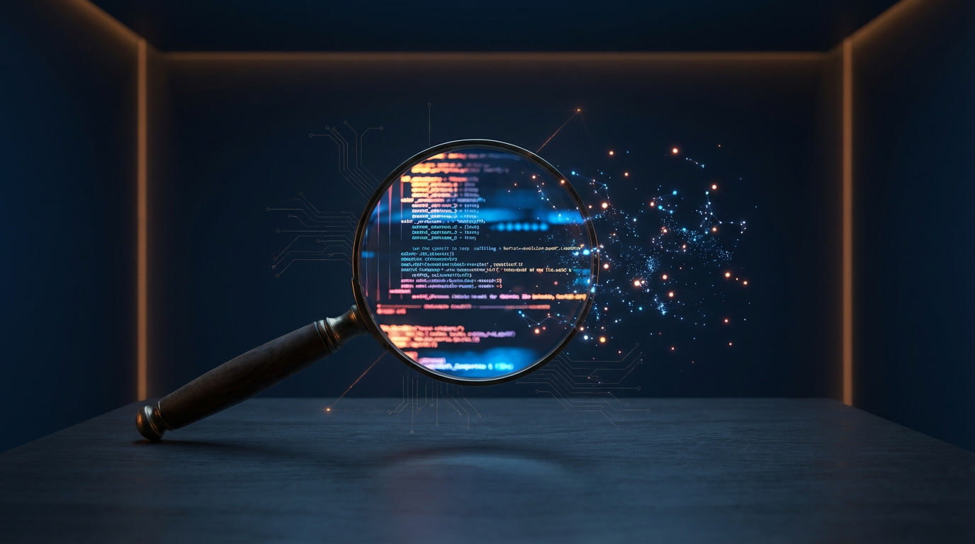 An abstract investigation scene: terminal text dissolving into a magnifying glass revealing glowing data points