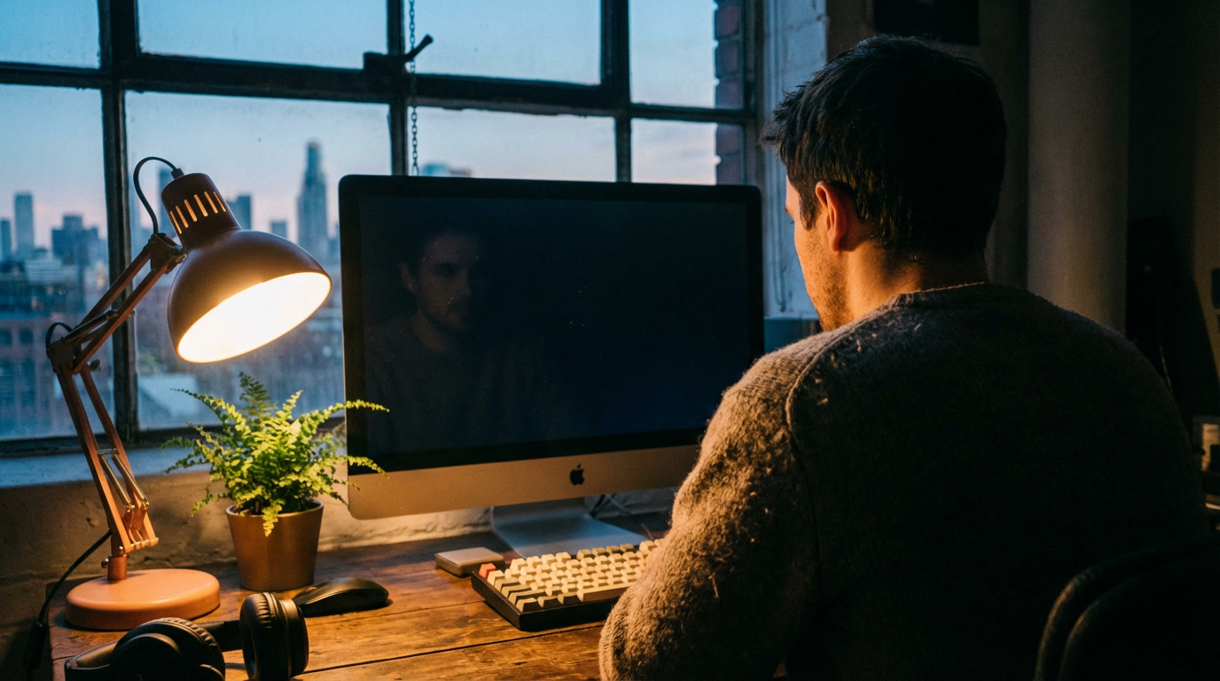 An engineer's desk at dawn, keyboard, single plant, warm lamp, window in the distance showing early morning light