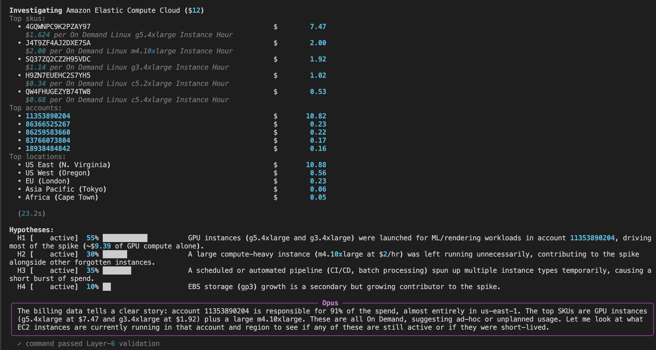 Ghost-hunter drilling into EC2 spend, showing top SKUs, accounts, locations, and four ranked hypotheses