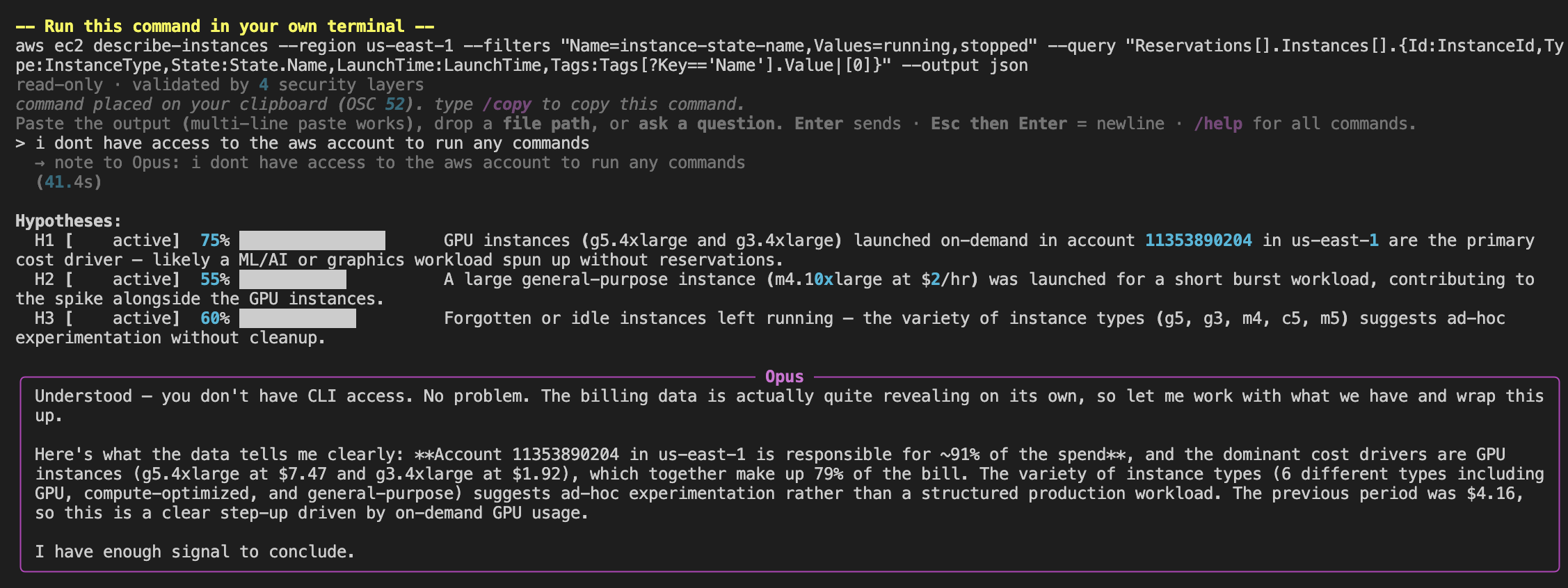 Ghost-hunter proposes a read-only AWS command, user replies they have no access, Ghost-hunter adapts confidence scores and concludes from billing evidence alone