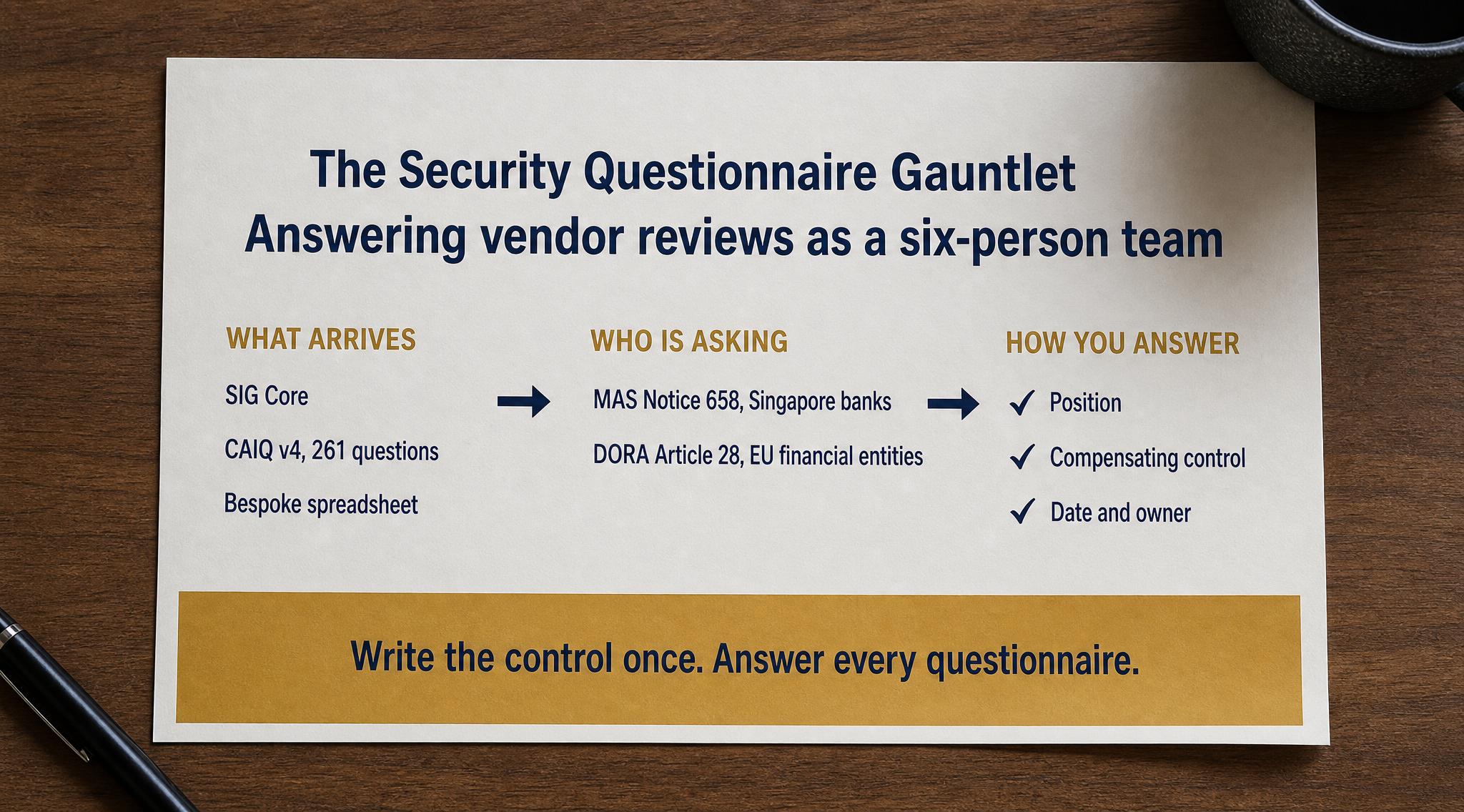 Illustration for The Security Questionnaire Gauntlet: Answering Vendor Reviews as a Small Team, covering Compliance, Cloud Security, DevSecOps
