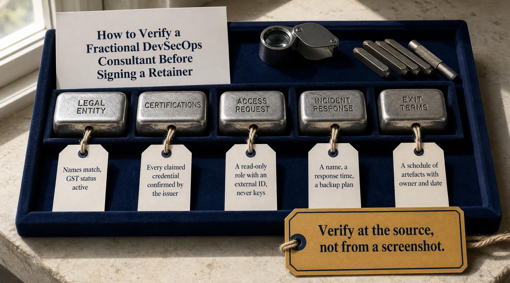 Illustration for How to Verify a Fractional DevSecOps Consultant Before Signing a Retainer, covering DevSecOps, Vendor Selection, Startup Engineering