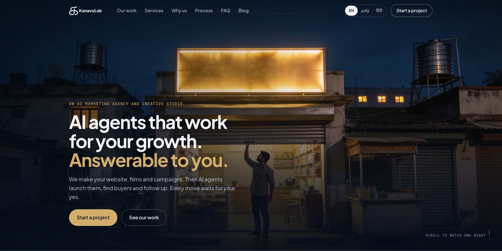 The KanavuLab homepage: AI agents that work for your growth, answerable to you