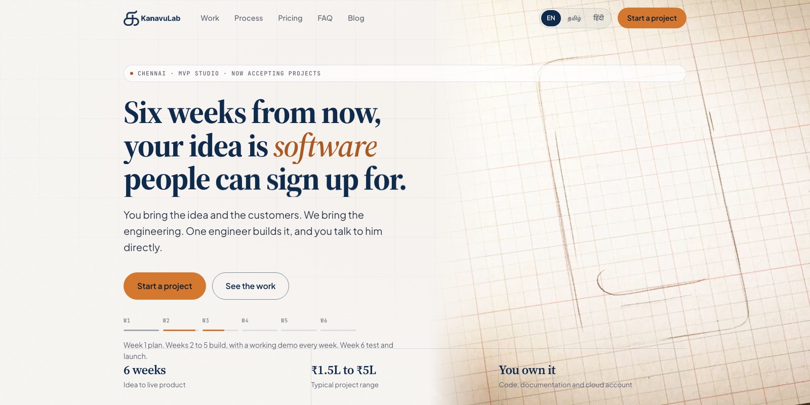 The KanavuLab homepage: six weeks from now, your idea is software people can sign up for