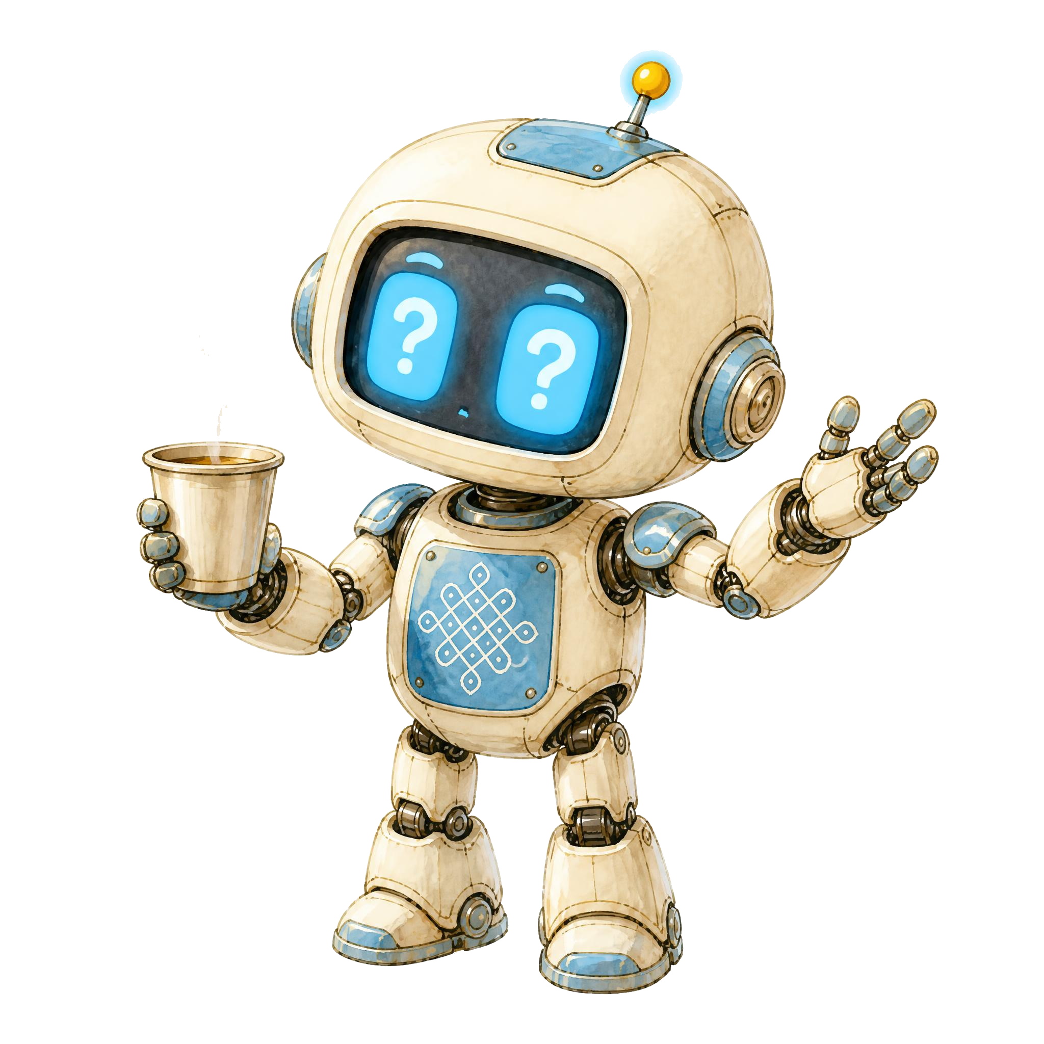 Kani, the Unnal Mudiyum baby robot mascot, in welcoming pose with curious sky-blue screen-eyes and a filter coffee tumbler in one hand