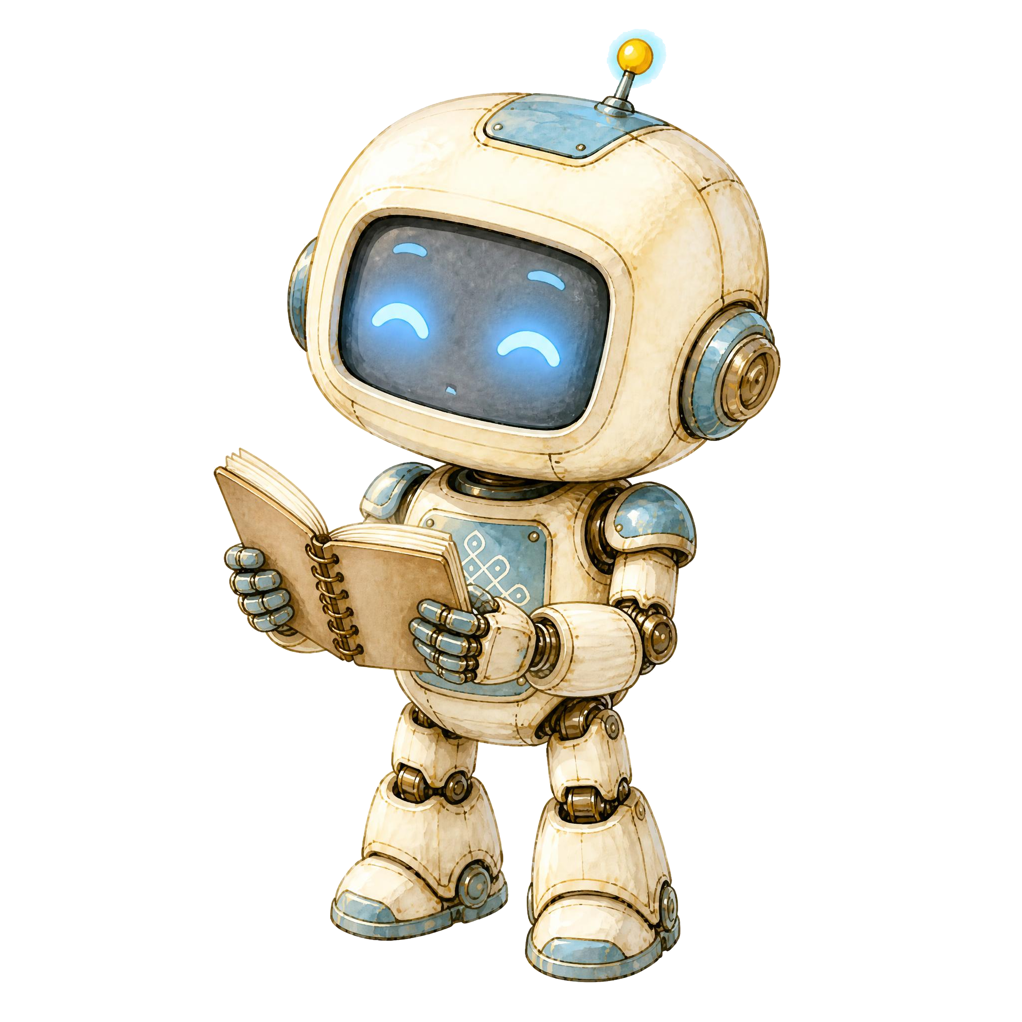 Kani, the Unnal Mudiyum baby robot mascot, holding an open notebook with quietly-satisfied u-arc eyes