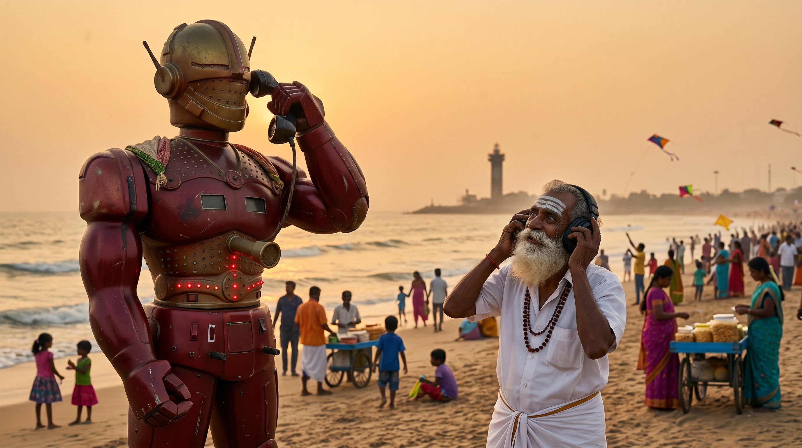சிவகாமி கம்ப்யூட்டர் ஜோசியம், ஒரு உயரமான மரூன்-சிவப்பு வண்ணம் தீட்டிய தமிழ் திருவிழா ரோபோ பொம்மை, ஆண்டெனா மற்றும் தொலைபேசி ரிசீவரை காதுக்கருகே வைத்துக்கொண்டு மெரினா கடற்கரையில் பொன்னிற மாலை நேரத்தில் நிற்கிறது. பக்கத்தில் வெள்ளை வேட்டி அணிந்த, ருத்திராக்ஷ மாலை அணிந்த ஒரு மூத்த தமிழ் சாமியார் ஹெட்போன் வைத்துக்கொண்டு கவனமாகக் கேட்கிறார். பின்னணியில், காத்தாடிகள், கடற்கரையில் குடும்பங்கள், தொலைவில் ஒரு கலங்கரை விளக்கம்.