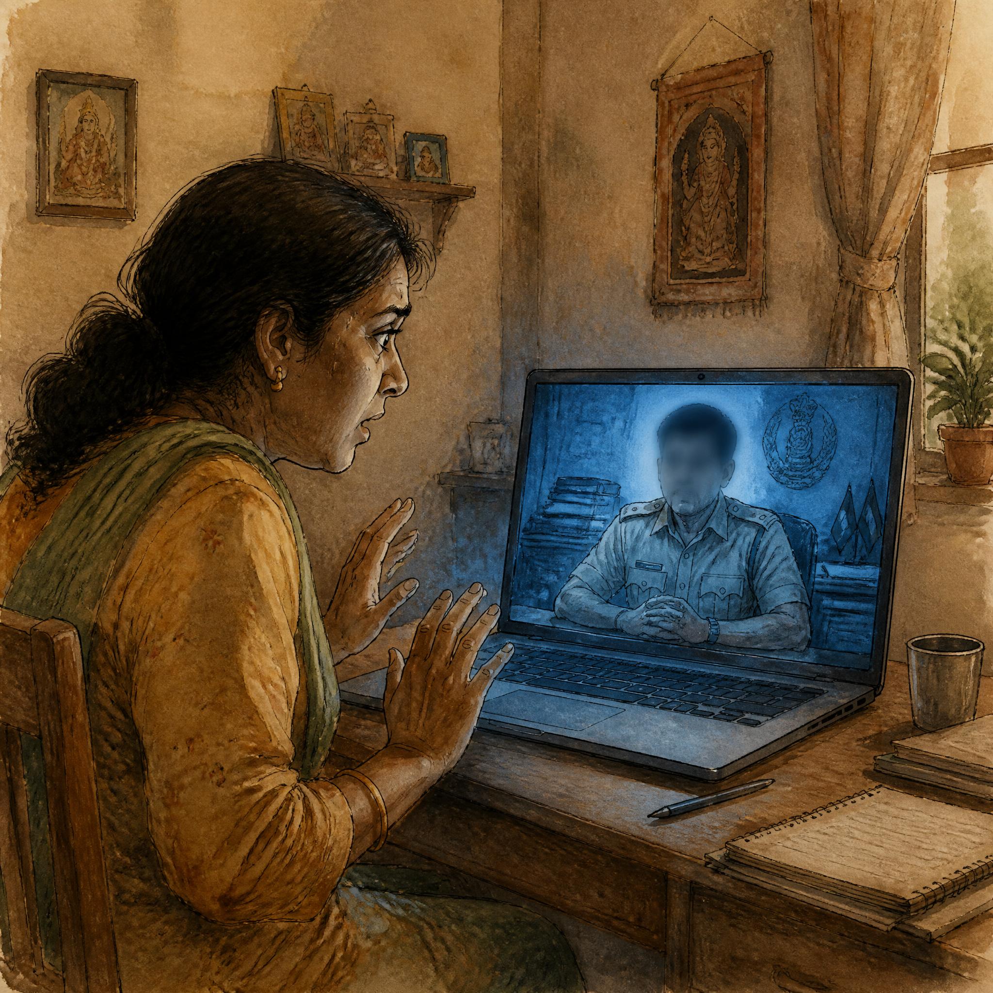 ஒரு laptop-ல video call. திரையில் khaki சட்டை அணிந்த ஒரு உருவம் (மங்கலான முகம்), அதிகாரபூர்வ பின்னணி, கோப்புகள். குளிர் நீல வெளிச்சம். மேசையில் ஒரு நபர் பயத்துடன் பார்க்கிறார்.