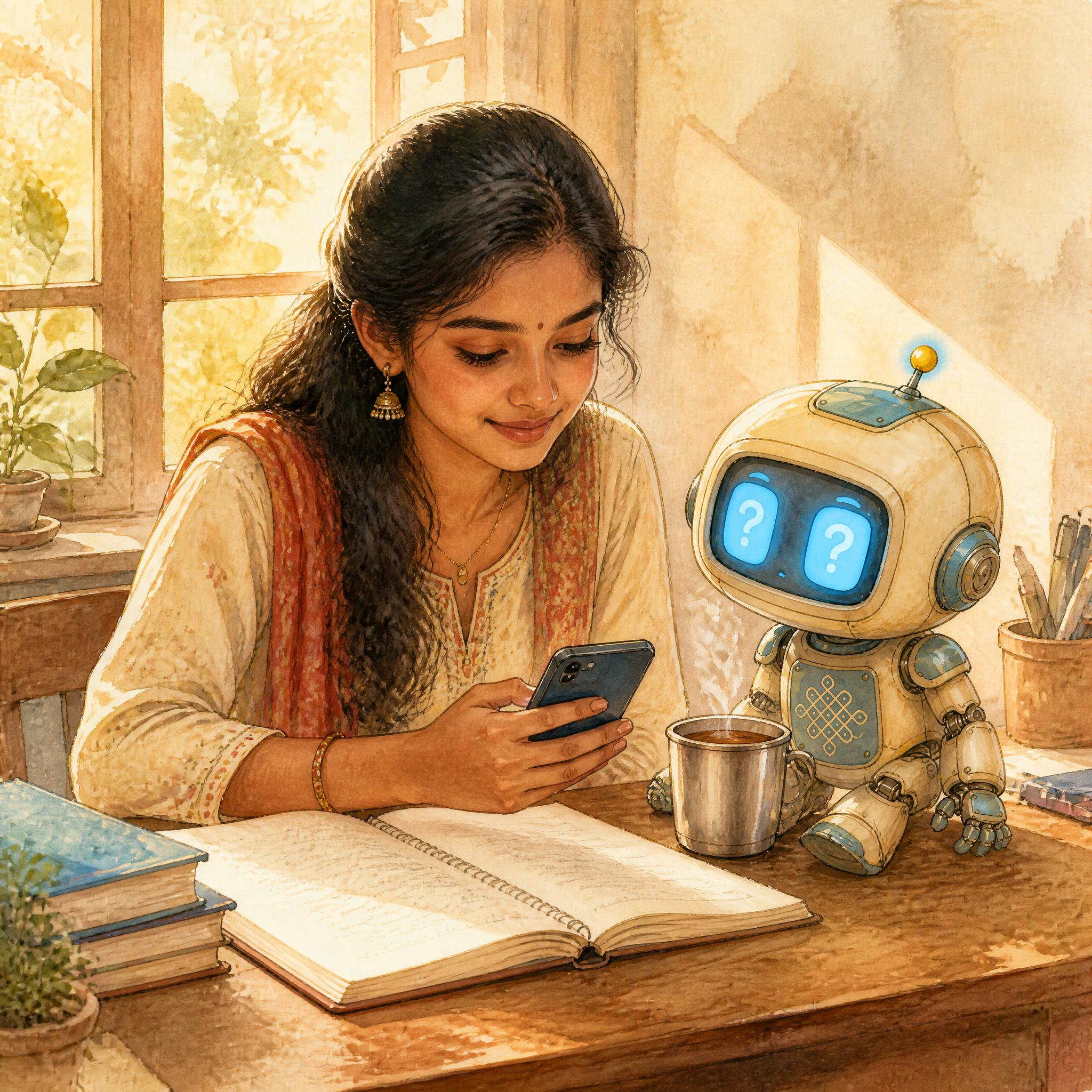 A young Tamil woman at a sun-lit study desk reading her phone, with Kani, a small Tamil baby robot with a cream body, sky-blue accent panels, a kolam pattern on its chest, mustard-yellow antenna tip, and large rectangular sky-blue screen-eyes showing curious question-mark shapes, sitting on the corner of her desk and watching her phone. A cream stainless-steel tumbler of filter coffee sits beside the open notebook. Warm afternoon light through the window.
