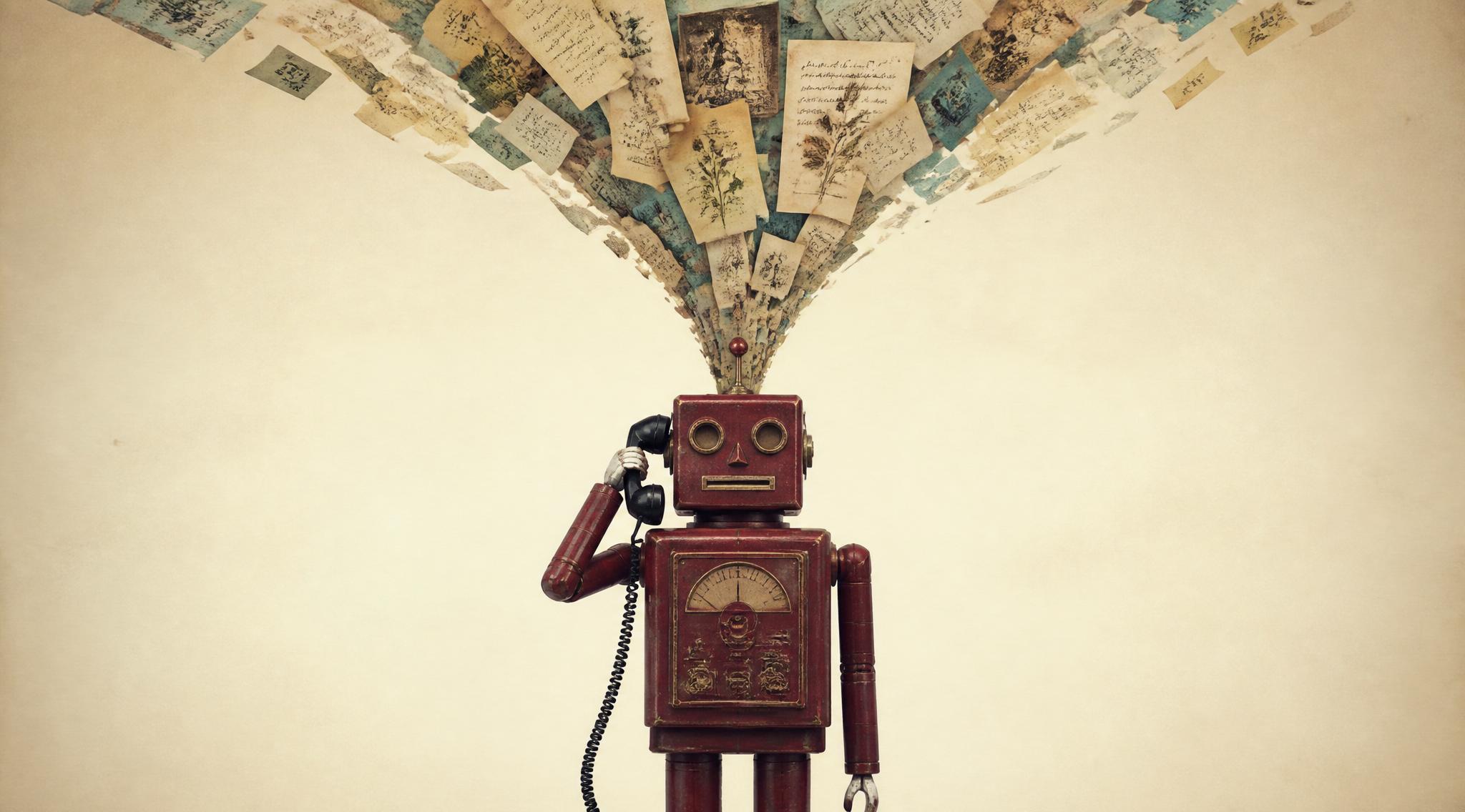 The maroon-red Sivagami Computer robot mannequin stands centered with a black phone receiver held to its ear. Above its head, a vertical waterfall of handwritten manuscripts, photographs, book pages, and notes pours down INTO the top of its head and antenna, the fragments fanning outward at the source. Vintage-toned cream paper background, deep maroon and aged paper palette.