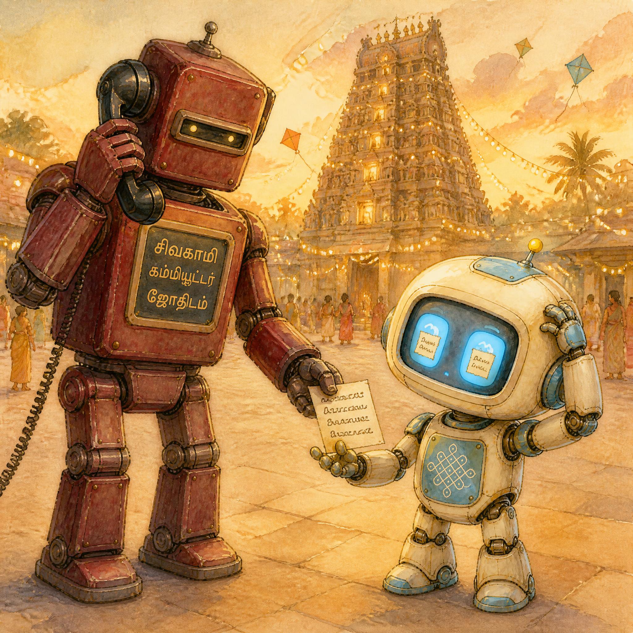 The maroon-red Sivagami Computer Josiyam robot mannequin (with the brand label சிவகாமி கம்ப்யூட்டர் ஜோதிடம் visible on its chest plate, antenna on its head, black phone receiver held to its ear) extends a small printed fortune card toward Kani, a small Tamil baby robot with a cream body, sky-blue accents, kolam pattern on chest, and mustard-yellow antenna tip. Kani is in confused register: rectangular sky-blue screen-eyes filled with Tamil-script-like text (the prophecy taking up Kani's mental space). Behind them, a Tamil temple gopuram glows in golden festival light, with kites in the sky, festival string lights overhead, and people in saris in the courtyard background.