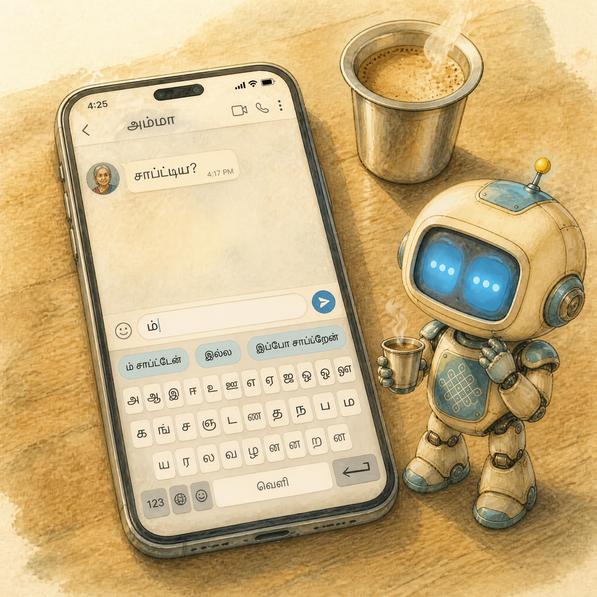 A close-up of a smartphone displaying a chat with 'அம்மா' (Amma). Her message at 4:17 PM reads 'சாப்ட்டியா?' (Have you eaten?). The user has just typed 'ம்' in reply. Tamil autocomplete pills appear above the keyboard: 'ம் சாப்ட்டேன்', 'இல்ல', 'இப்போ சாப்டுறேன்'. A cream stainless-steel tumbler of filter coffee sits on the wooden table. To the right, Kani the small Tamil baby robot stands on the table holding its own filter coffee tumbler with steam, watching the autocomplete; its rectangular sky-blue screen-eyes show two horizontal dashes inside (typing-pause indicator, specific to the autocomplete moment).