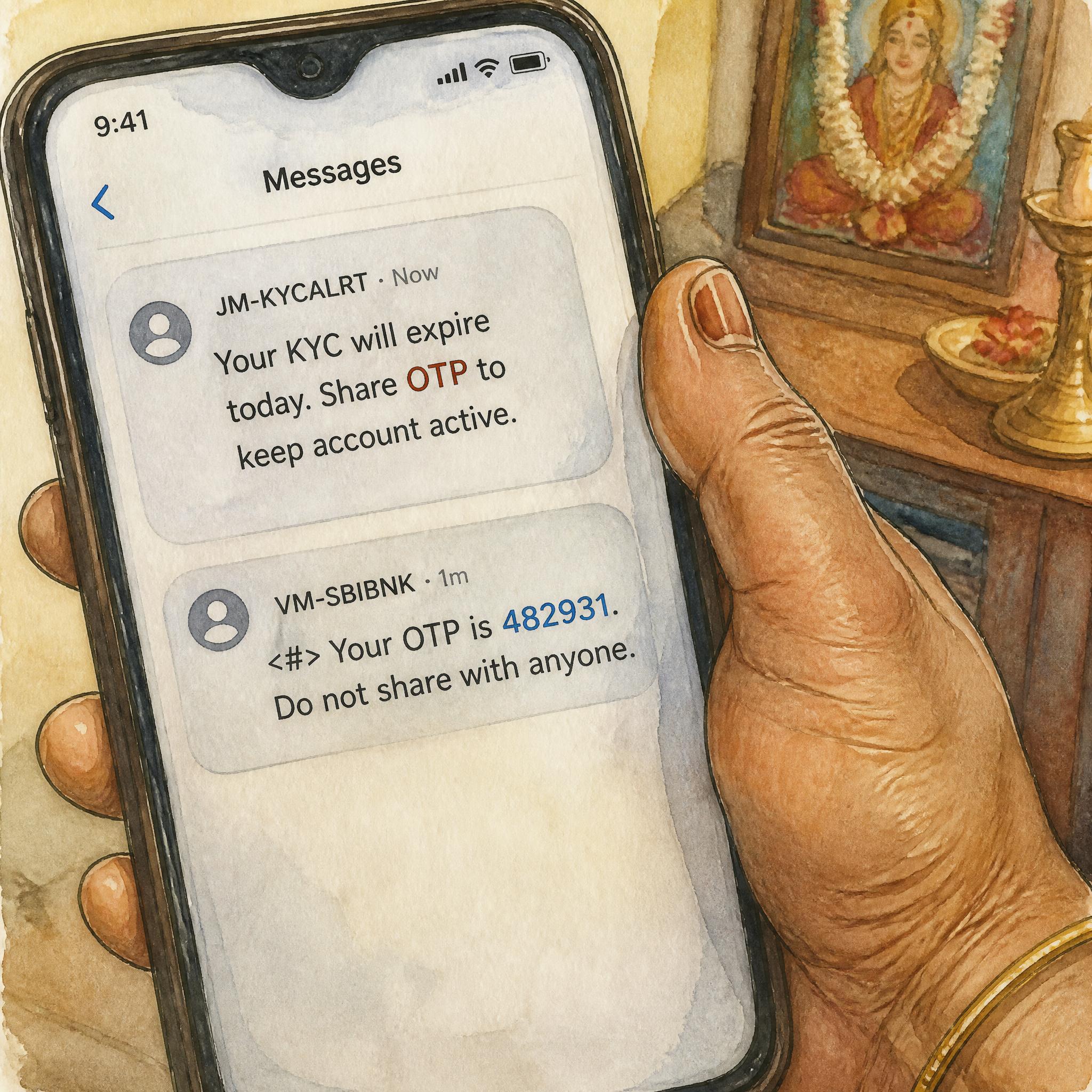 An older woman's hand, wearing thin gold bangles, holds a smartphone. On the screen is a single scam SMS: your KYC is about to expire, share the OTP. The word OTP is visible.