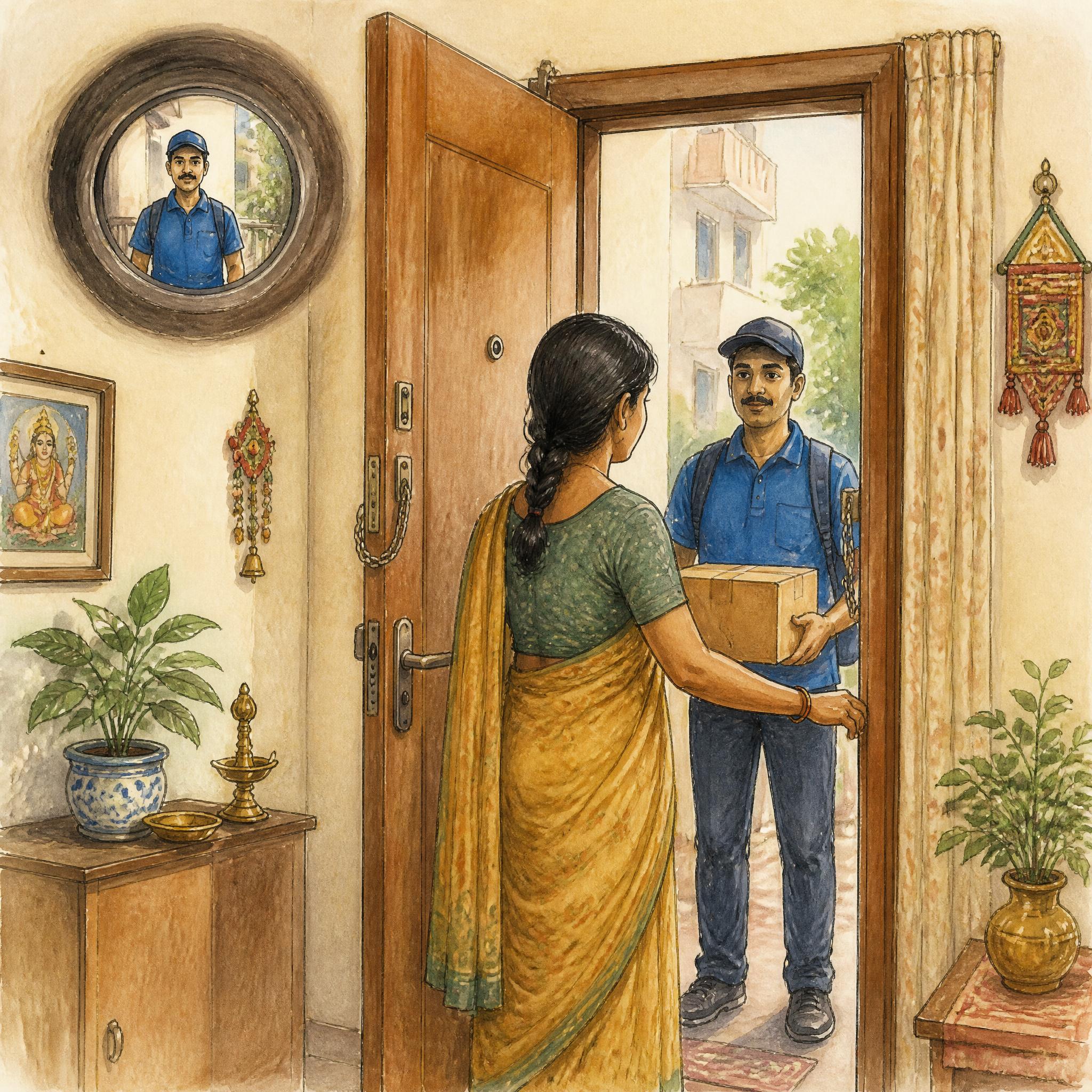An apartment door, lock unbroken. Outside stands a figure in a delivery uniform holding a parcel, ringing the bell. The lock is intact and secure.