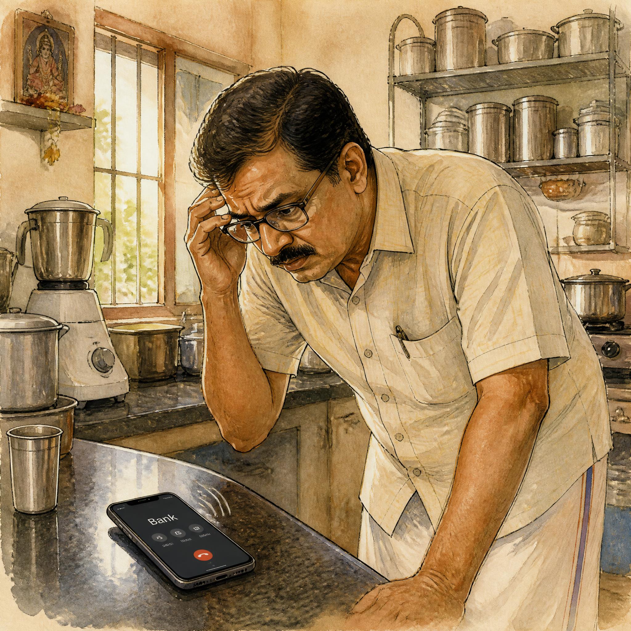 A Tamil home kitchen with steel vessels and a mixer. On the counter a phone is on speaker, the screen labelled Bank. A worried person leans toward it.